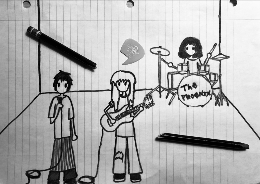 Drawing in black and white of a band playing at the Phoenix