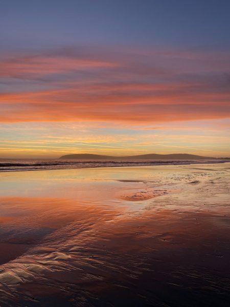 During low tide, the sunset reflects off the water and wet sand at Bodega Bay, CA.
