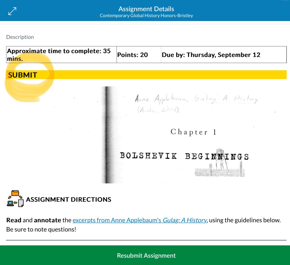 “Yellow” marker on an assignment, indicating AI is allowed, but not required. Picture screenshotted from Bristley’s Contemporary Global History Honors class. 
